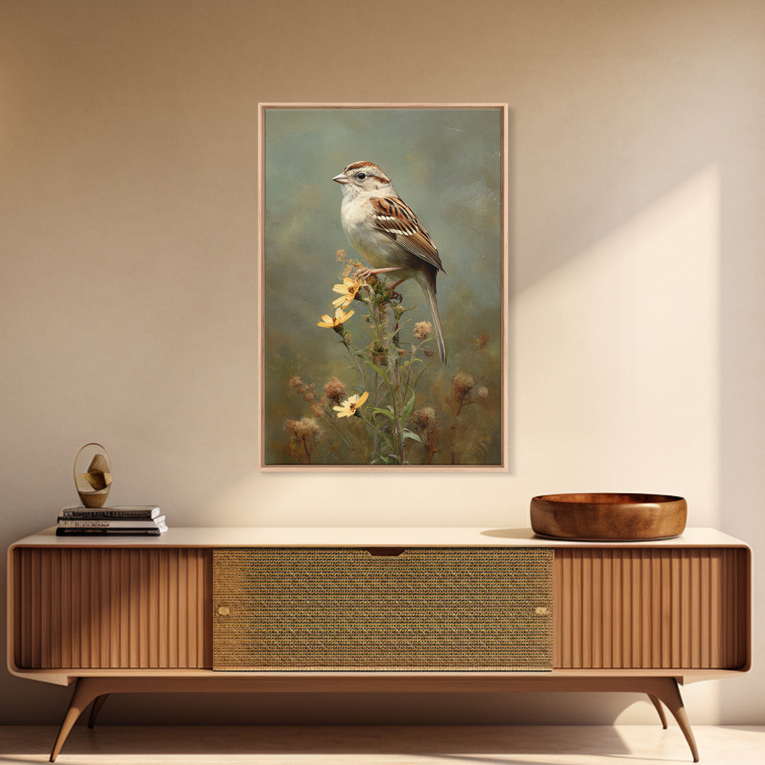 Small Sparrow on Wildflower Stem Framed Canvas Print, Bird Art, Textured Painting, Living Room Decor, Fine Art, Flight, BIR-2x3-22