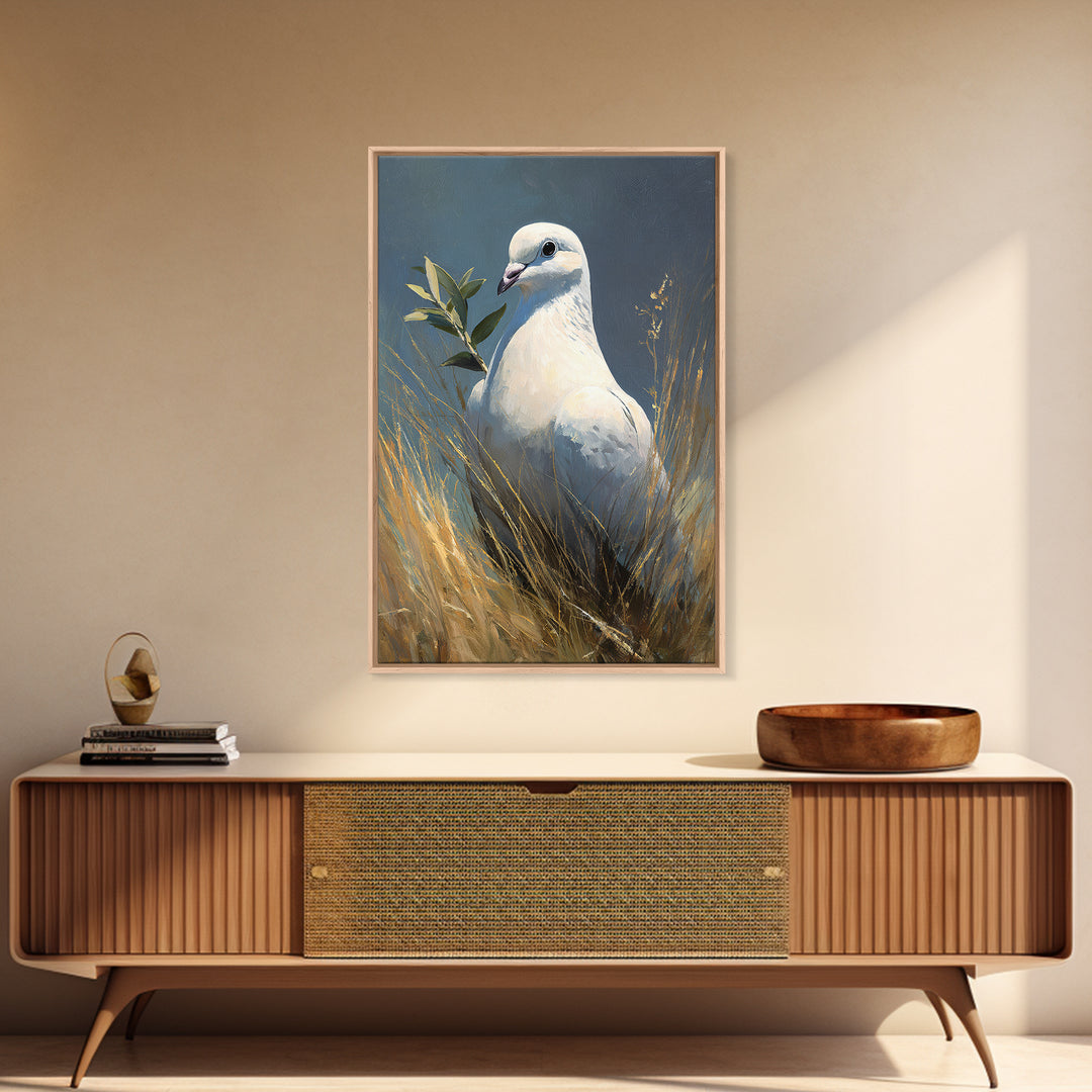 White Dove with Olive Branch and Calm Framed Canvas Print, Bird Art, Living Room Art, Living Room Decor, Watercolor Art, Flight, BIR-2x3-24