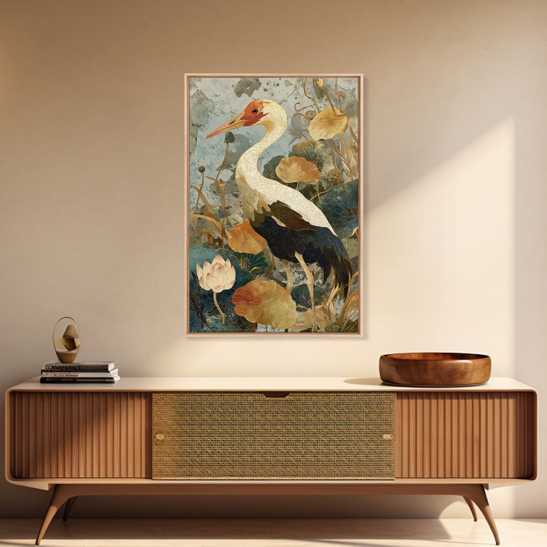 Crane and Lotus Composition Framed Canvas Print, Bird Art, Wall Art, Living Room Decor, Fine Art, Flight, Japanese Wall Art, BIR-2x3-25