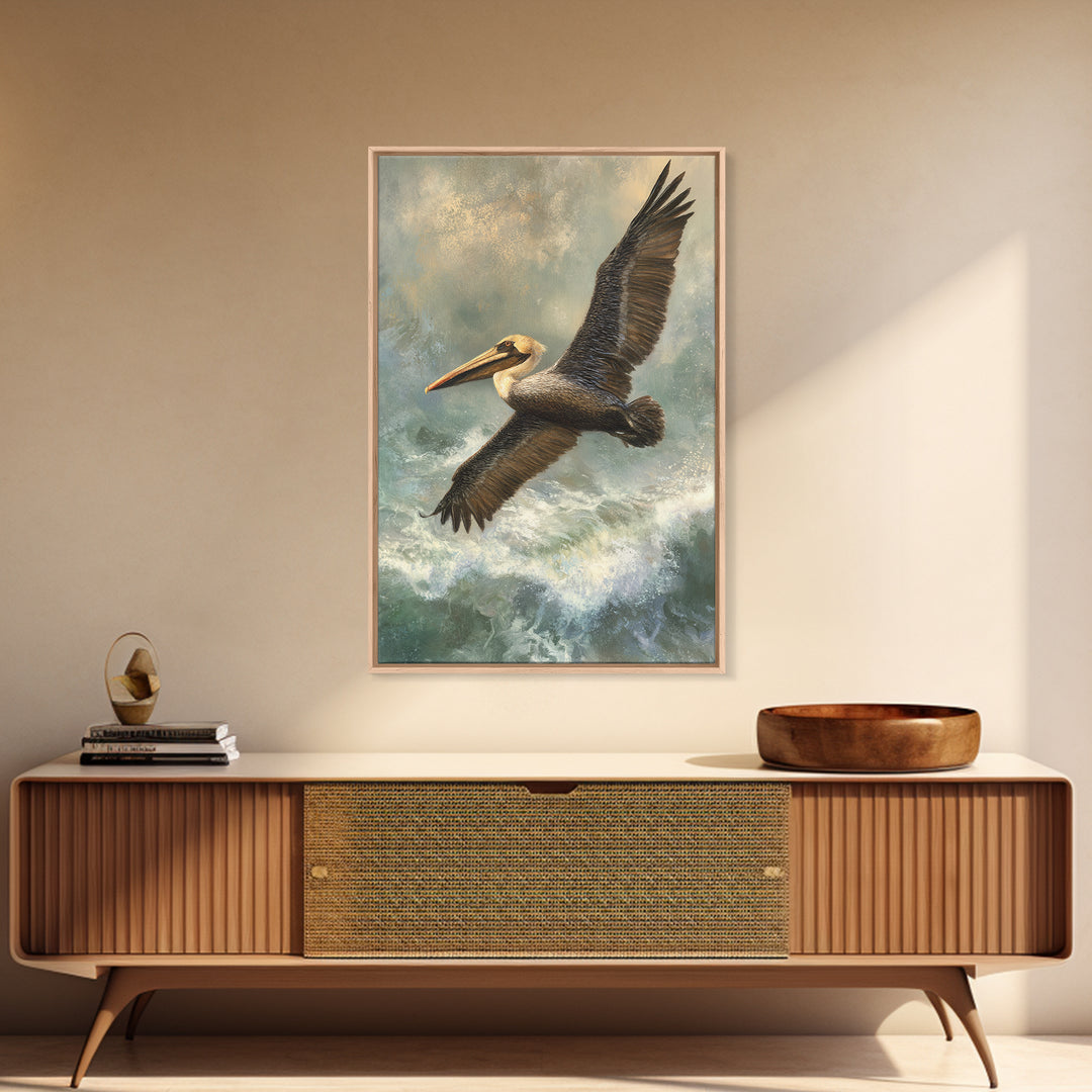 Pelican Flying over Coastal Waves Framed Canvas Print, Bird Art, Boho Decor, Living Room Decor, Abstract Art, Flight, BIR-2x3-26