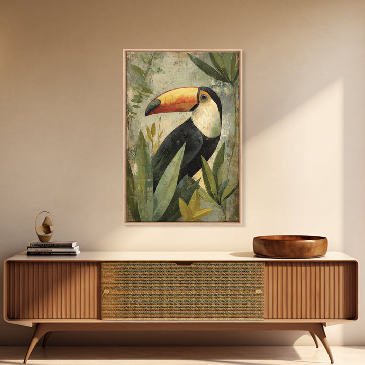 Toucan Framed by Bold Jungle Foliage Canvas Print, Bird Art, Statement Artwork, Living Room Decor, Flight, Digital Prints, BIR-2x3-31