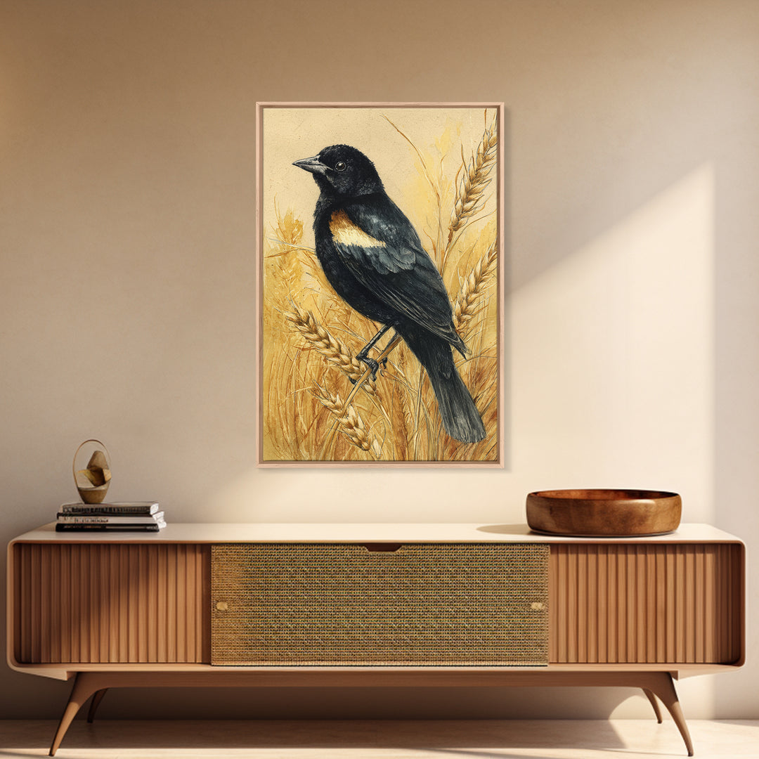 Blackbird on Gold Wheat Field Canvas Print, Bird Art, Bird Wall Art, Living Room Decor, Fine Art, Flight, Art Print, BIR-2x3-32