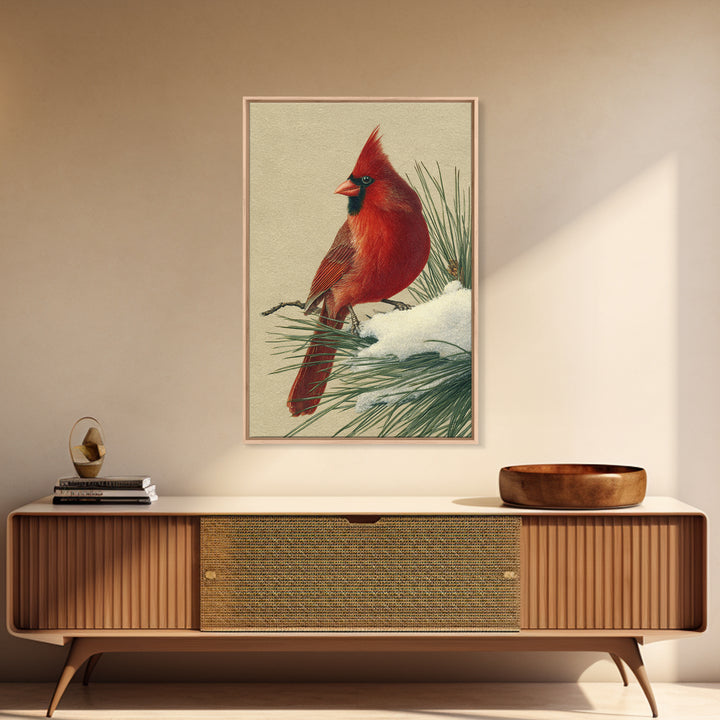 Red Cardinal on Snowy Pine Branch Framed Canvas Print, Bird Art, Digital Print, Living Room Decor, Flight, Bird Prints, BIR-2x3-33