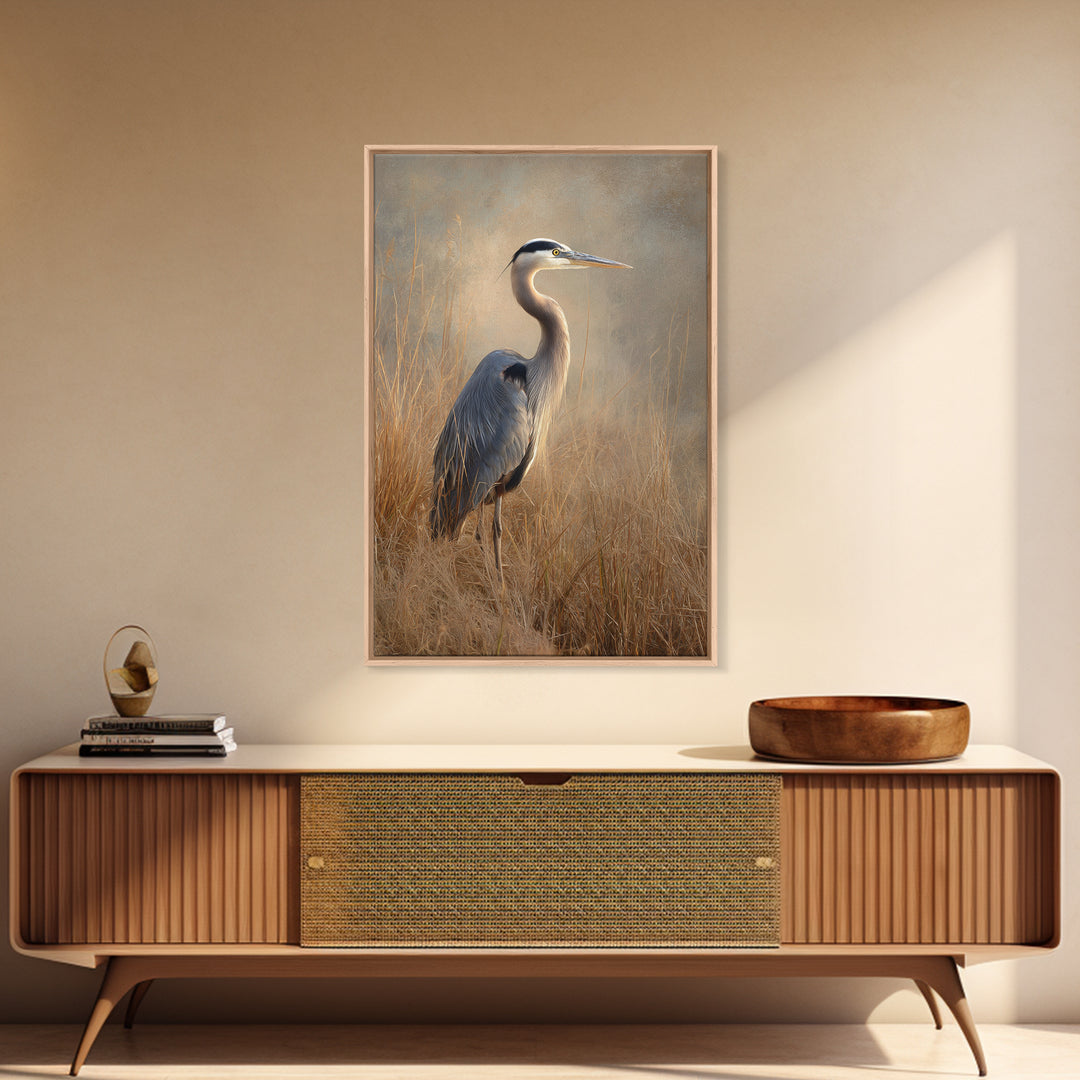 Blue Heron in Misty Marsh Grass Framed Canvas Print, Bird Art, Contemporary Art, Living Room Decor, Fine Art, Flight, BIR-2x3-34