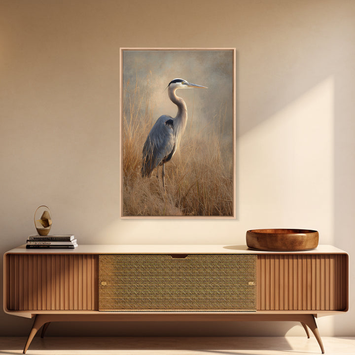 Blue Heron in Misty Marsh Grass Framed Canvas Print, Bird Art, Contemporary Art, Living Room Decor, Fine Art, Flight, BIR-2x3-34