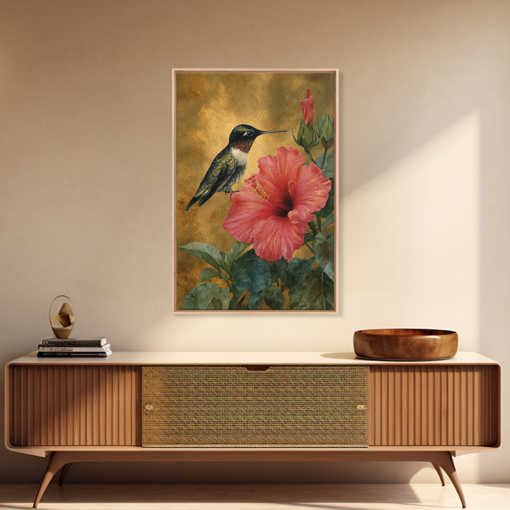 Hummingbird Hovering Beside Bright Hibiscus Canvas Print, Bird Art, Mid Century Wall Art, Living Room Decor, Flight, BIR-2x3-36