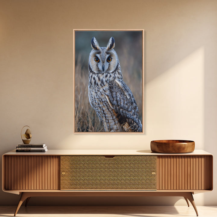 Owl Portrait with Wise Golden Eyes Framed Canvas Print, Bird Art, Digital Prints, Living Room Decor, Fine Art, Flight, BIR-2x3-37