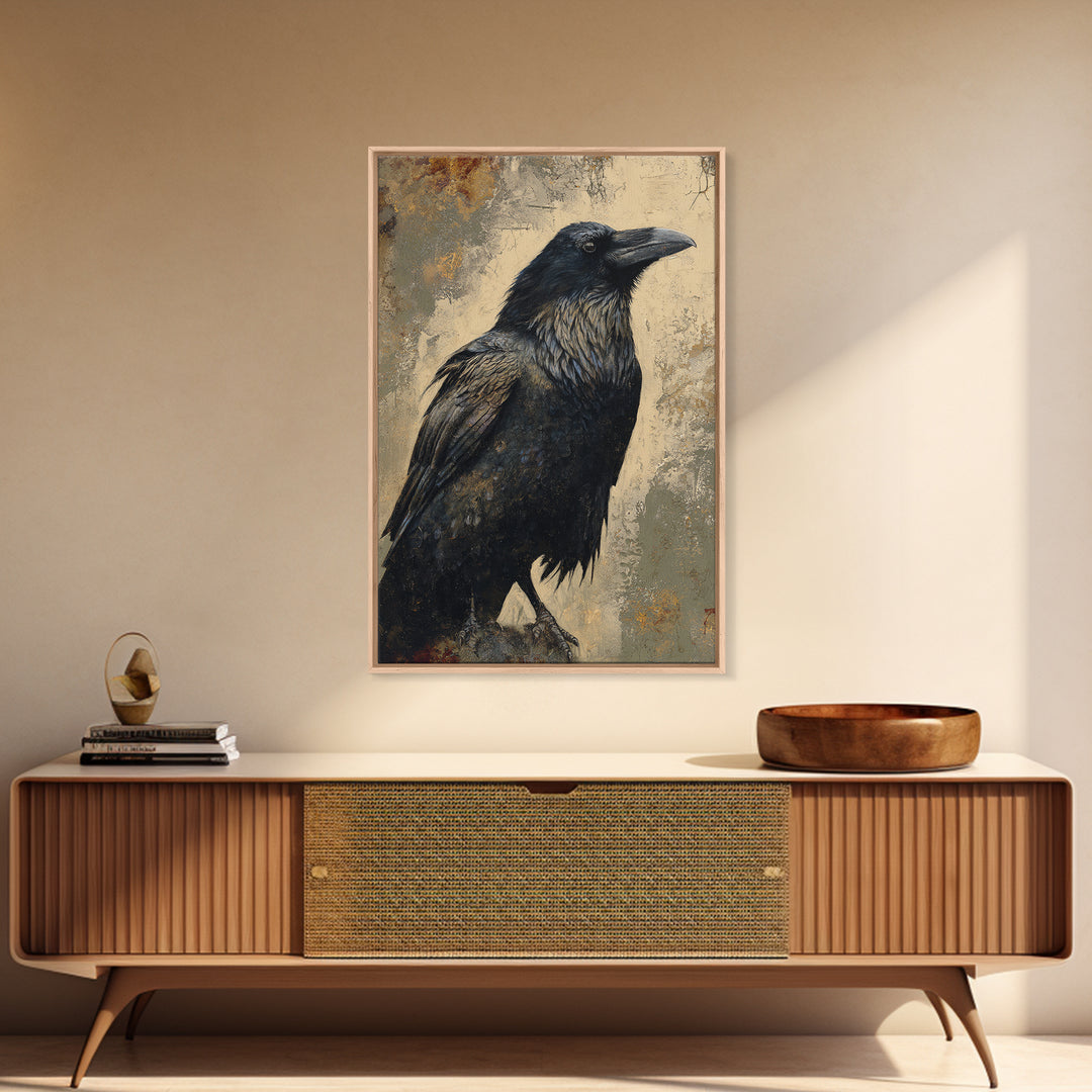 Raven Silhouette with Gothic Atmosphere Framed Canvas Print, Bird Art, Living Room Decor, Abstract Art, Flight, BIR-2x3-41