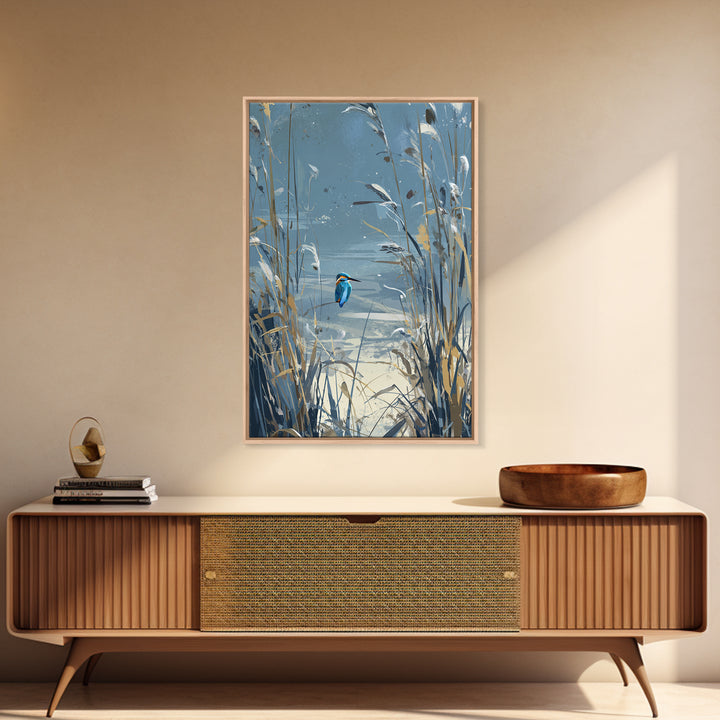 Kingfisher Diving Toward Blue Water Framed Canvas Print, Bird Art, Contemporary Art, Living Room Decor, Fine Art, Flight, BIR-2x3-43