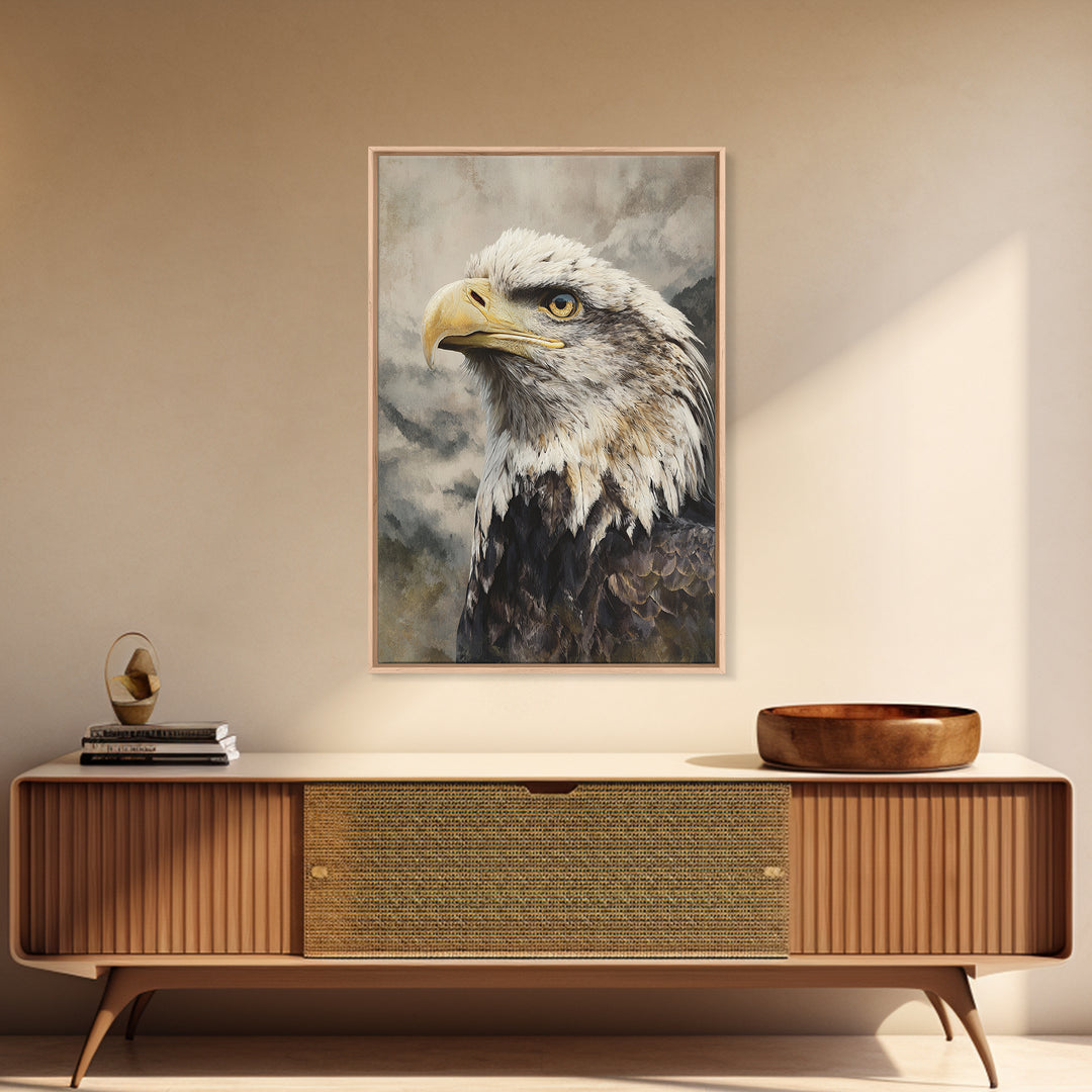 Eagle Portrait with Dramatic Mountain Wind Framed Canvas Print, Bird Art, Floral Art, Living Room Decor, Fine Art, Flight, BIR-2x3-44