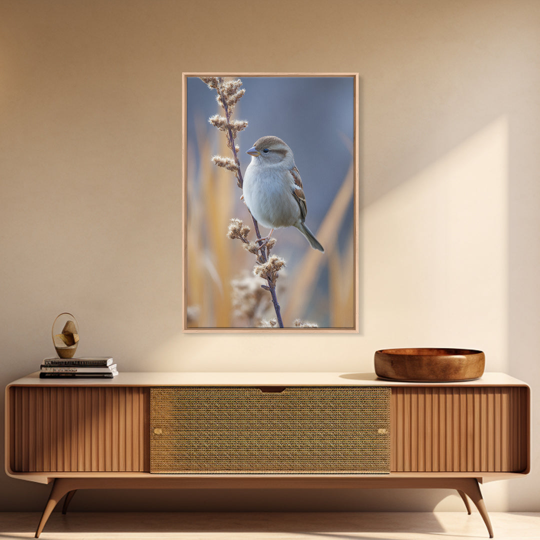 Small Sparrow on Wildflower Stem Framed Canvas Print, Bird Art, Textured Painting, Living Room Decor, Fine Art, Flight, BIR-2x3-46
