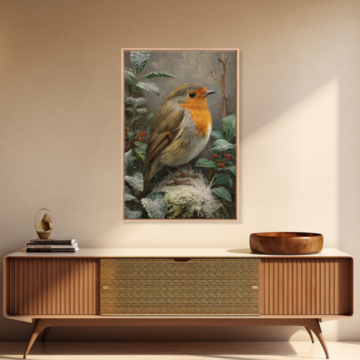Robin in a Spring Garden with Soft Framed Canvas Print, Bird Art, Wall Art, Living Room Decor, Flight, Japanese Wall Art, BIR-2x3-47