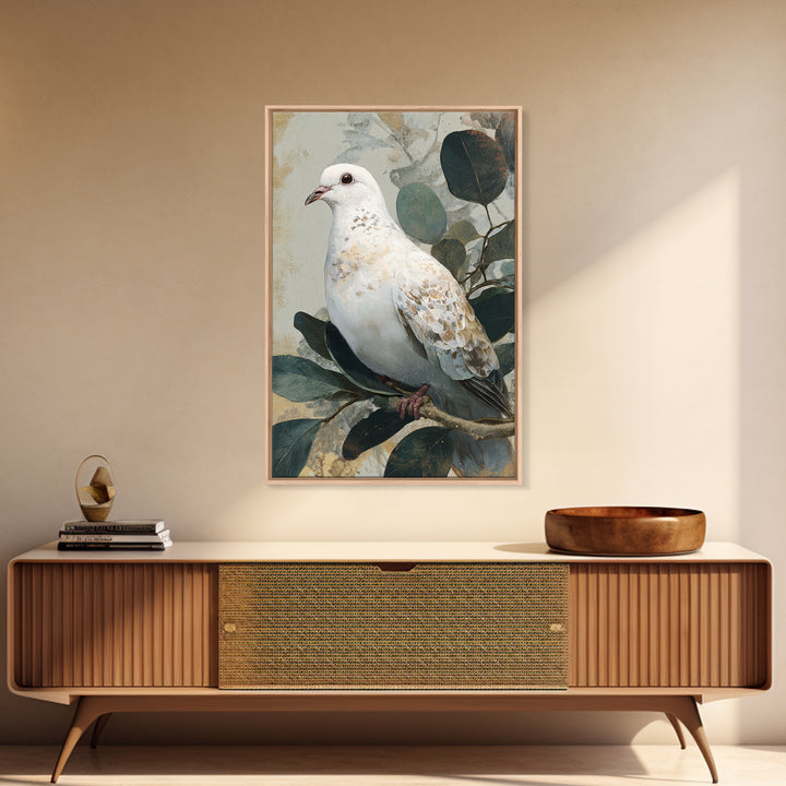 White Dove with Olive Branch and Calm Framed Canvas Print, Bird Art, Boho Decor, Living Room Decor, Fine Art, Flight, BIR-2x3-48