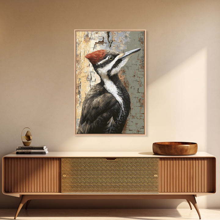 Woodpecker on Birch Bark Texture Framed Canvas Print, Bird Art, Original Art, Living Room Decor, Oil Painting, Flight, BIR-2x3-53
