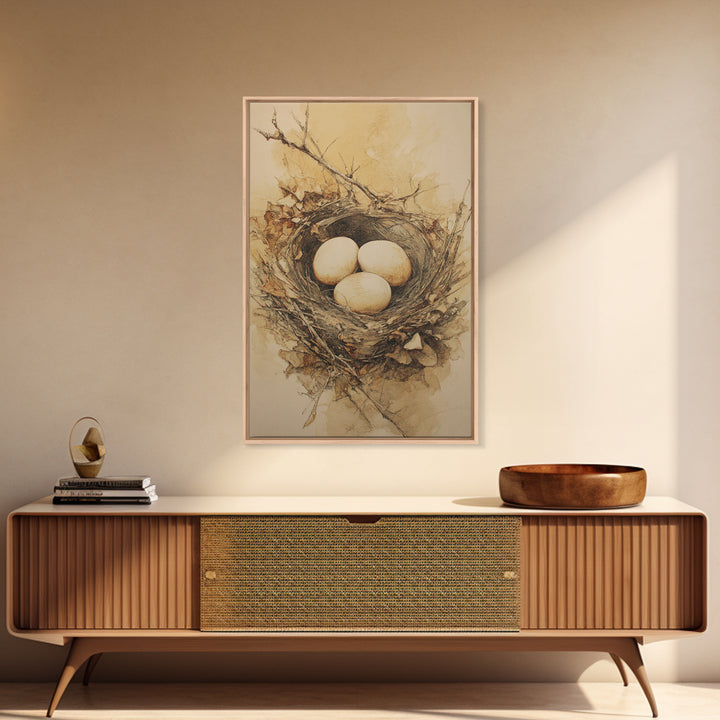 Bird Nest with Eggs and Delicate Twigs Canvas Print, Bird Art, Minimalist Decor, Living Room Decor, Fine Art, Flight, BIR-2x3-54