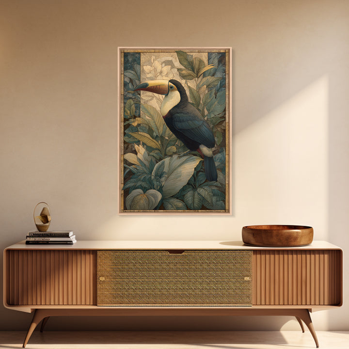 Toucan Framed by Bold Jungle Foliage Framed Canvas Print, Bird Art, Textured Painting, Living Room Decor, Fine Art, Flight, BIR-2x3-55
