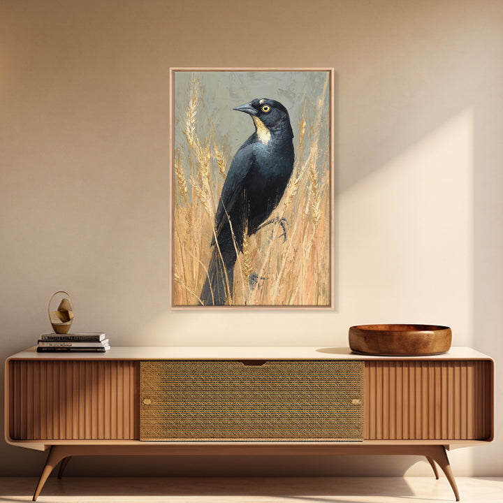Blackbird on Gold Wheat Field Framed Canvas Print, Bird Art, Neutral Decor, Living Room Decor, Abstract Art, Flight, Wall Art, BIR-2x3-56