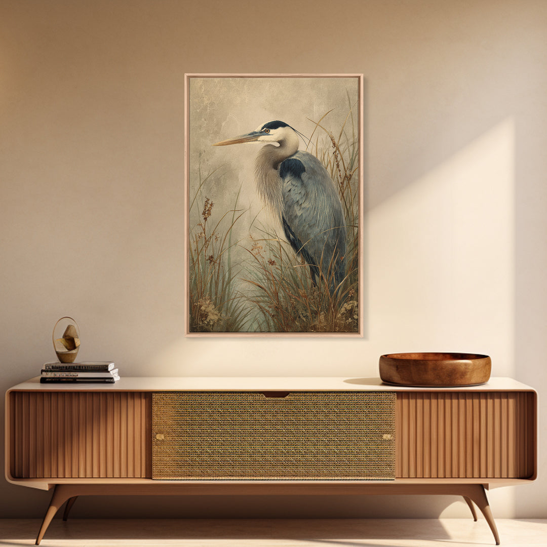 Blue Heron in Misty Marsh Grass Canvas Print, Bird Art, Mid Century Modern, Living Room Decor, Flight, Botanical Wall Art, BIR-2x3-58