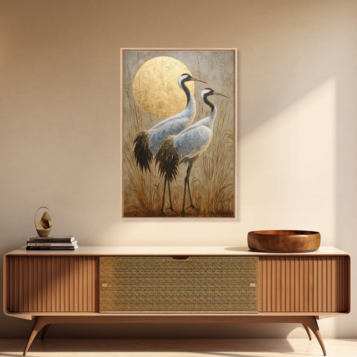 Pair of Cranes Dancing Framed Canvas Print, Bird Art, Digital Prints, Living Room Decor, Oil Painting, Flight, Modern Art, BIR-2x3-59