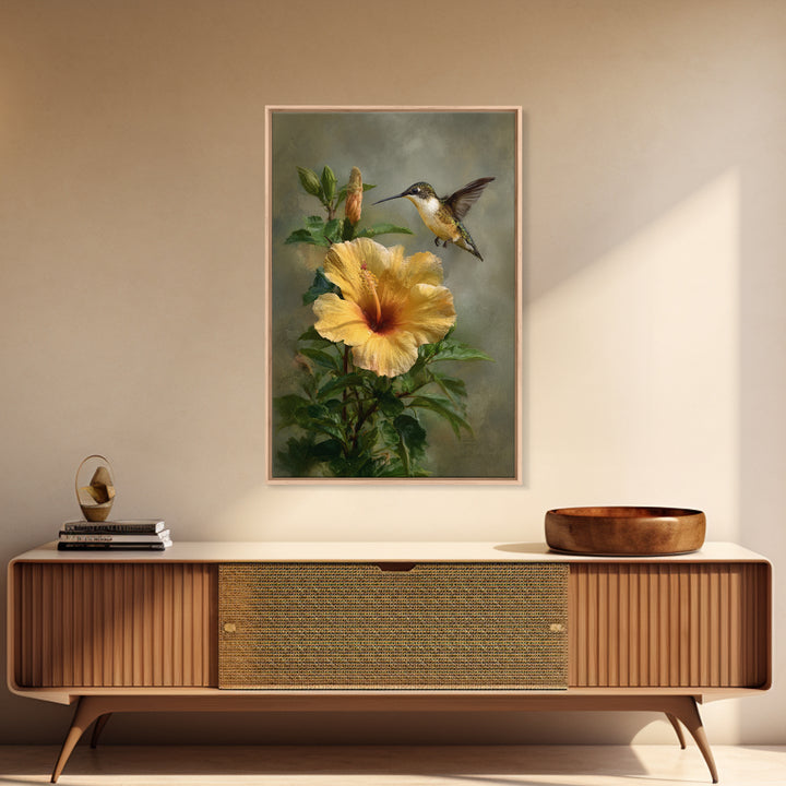 Hummingbird Hovering Beside Bright Hibiscus Framed Canvas Print, Bird Art, Wall Art, Living Room Decor, Fine Art, Flight, BIR-2x3-60