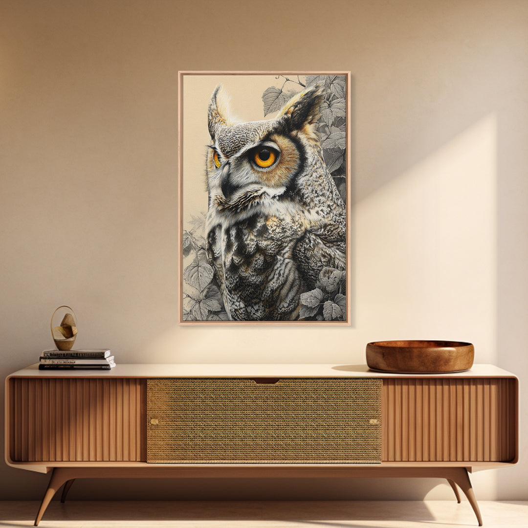 Owl Portrait with Wise Golden Eyes Canvas Print, Bird Art, Printable Art, Living Room Decor, Flight, Mid Century Wall Art, BIR-2x3-61