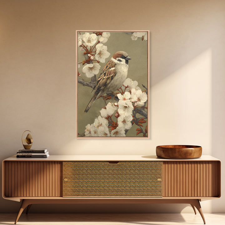 Songbird Perched on Cherry Blossoms Framed Canvas Print, Bird Art, Room Decor, Living Room Decor, Fine Art, Flight, BIR-2x3-64