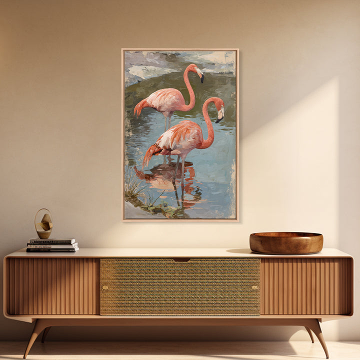 Flamingo Pair in Coral Water Reflections Canvas Print, Bird Art, Home Decor, Living Room Decor, Oil Painting, Flight, BIR-2x3-66