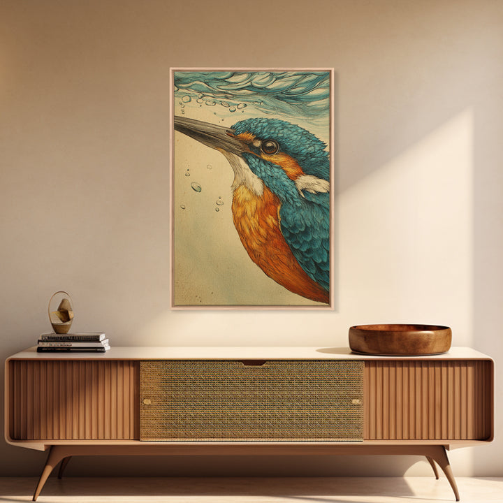 Kingfisher Diving Toward Blue Water Canvas Print, Bird Art, Mid Century Modern, Living Room Decor, Flight, Botanical Wall Art, BIR-2x3-67