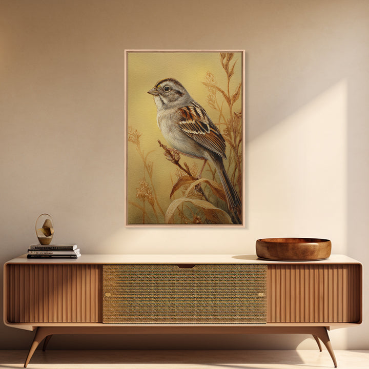 Small Sparrow on Wildflower Stem Canvas Print, Bird Art, Wall Decor, Living Room Decor, Oil Painting, Flight, Boho Wall Decor, BIR-2x3-70
