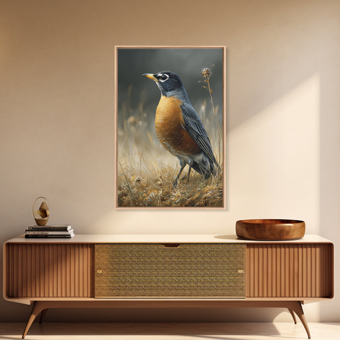Robin in a Spring Garden with Soft Canvas Print, Bird Art, Art Deco, Living Room Decor, Oil Painting, Flight, Gallery Wall, BIR-2x3-71