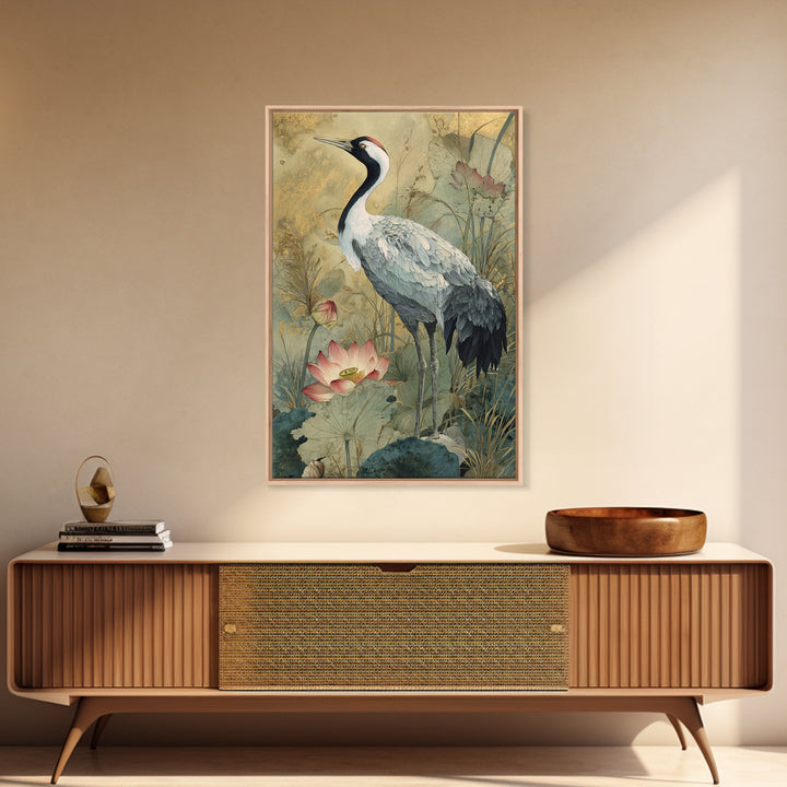 Crane and Lotus Composition Framed Canvas Print, Bird Art, Watercolor Painting, Living Room Decor, Flight, Living Room Art, BIR-2x3-73