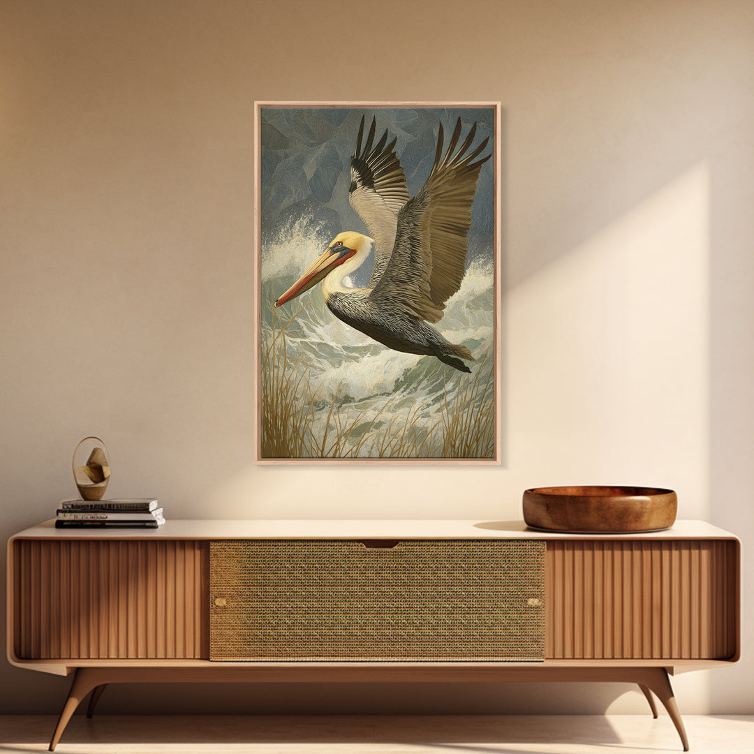 Pelican Flying over Coastal Waves Framed Canvas Print, Bird Art, Digital Prints, Living Room Decor, Watercolor Art, Flight, BIR-2x3-74