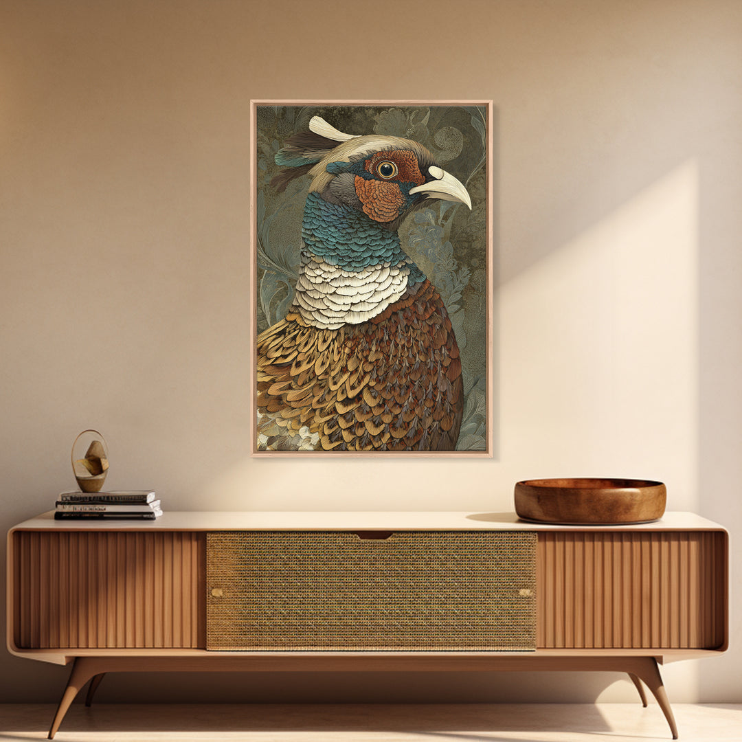 Pheasant with Ornate Feather Details Framed Canvas Print, Bird Art, Original Art, Living Room Decor, Fine Art, Flight, BIR-2x3-75