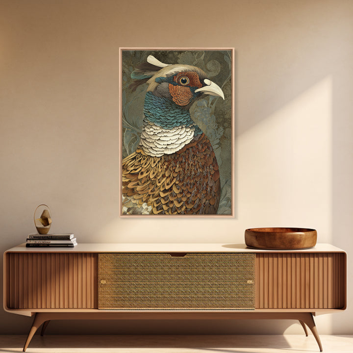 Pheasant with Ornate Feather Details Framed Canvas Print, Bird Art, Original Art, Living Room Decor, Fine Art, Flight, BIR-2x3-75