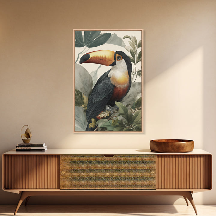 Toucan Framed by Bold Jungle Foliage Canvas Print, Bird Art, Wall Decor, Living Room Decor, Fine Art, Flight, Boho Wall Decor, BIR-2x3-79