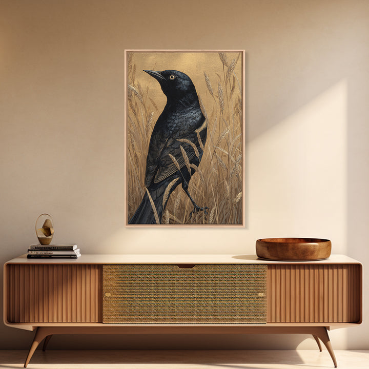Blackbird on Gold Wheat Field Framed Canvas Print, Bird Art, Bird Prints, Living Room Decor, Oil Painting, Flight, Modern Decor, BIR-2x3-8