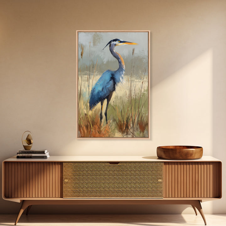 Blue Heron in Misty Marsh Grass Canvas Print, Bird Art, Mid Century Modern, Living Room Decor, Flight, Botanical Wall Art, BIR-2x3-82