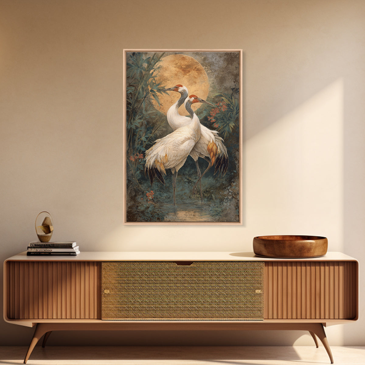 Pair of Cranes Dancing Framed Canvas Print, Bird Art, Boho Wall Decor, Living Room Decor, Abstract Art, Flight, Nature Wall Art, BIR-2x3-83