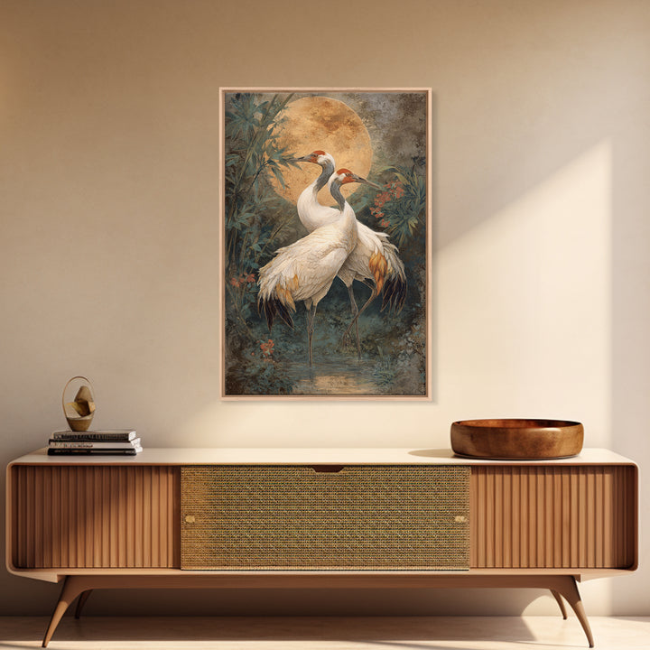 Pair of Cranes Dancing Framed Canvas Print, Bird Art, Boho Wall Decor, Living Room Decor, Abstract Art, Flight, Nature Wall Art, BIR-2x3-83