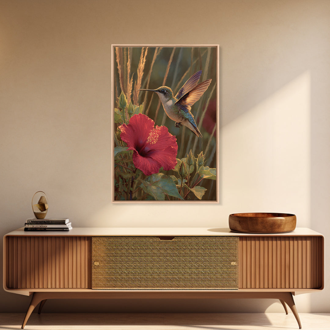 Hummingbird Hovering Beside Bright Hibiscus Framed Canvas Print, Bird Art, Nature Prints, Living Room Decor, Fine Art, Flight, BIR-2x3-84