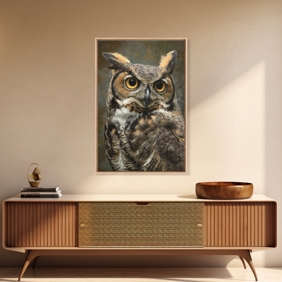 Owl Portrait with Wise Golden Eyes Framed Canvas Print, Bird Art, Boho Wall Decor, Living Room Decor, Fine Art, Flight, BIR-2x3-85