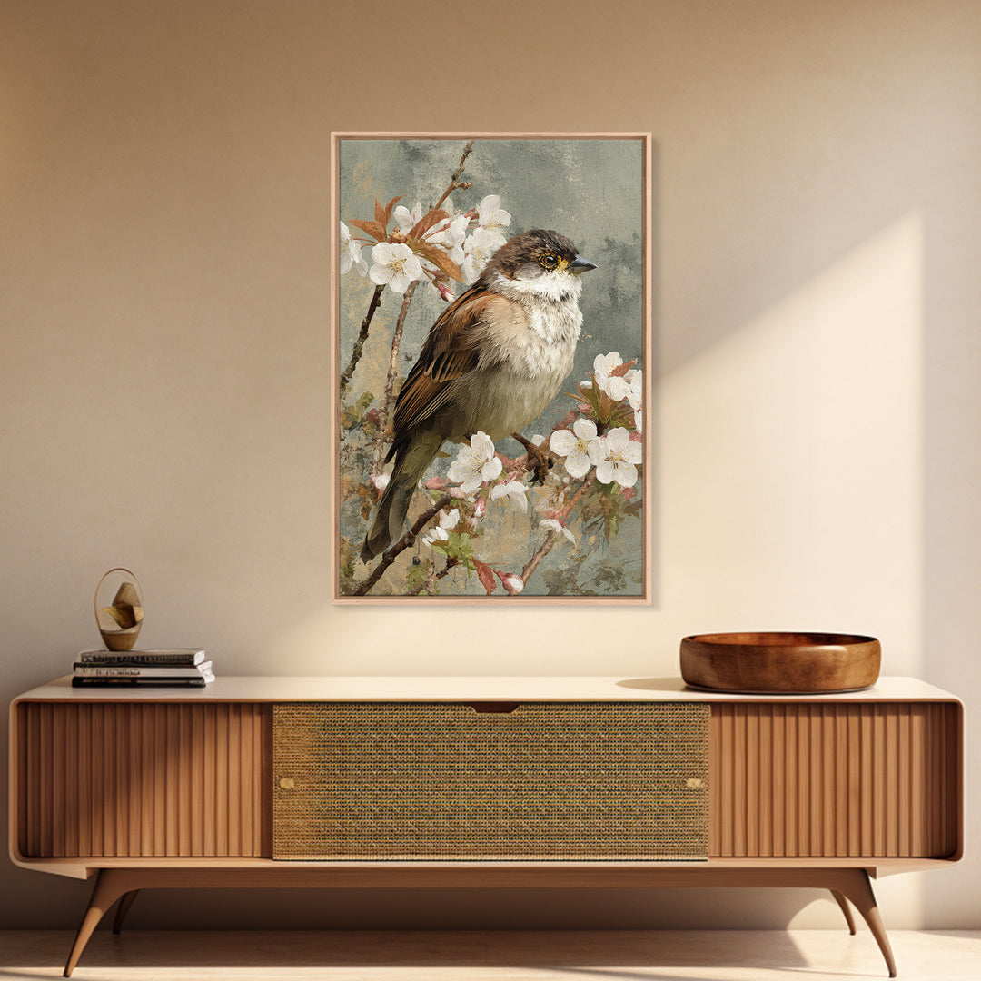 Songbird Perched on Cherry Blossoms Framed Canvas Print, Bird Art, Original Art, Living Room Decor, Fine Art, Flight, BIR-2x3-88