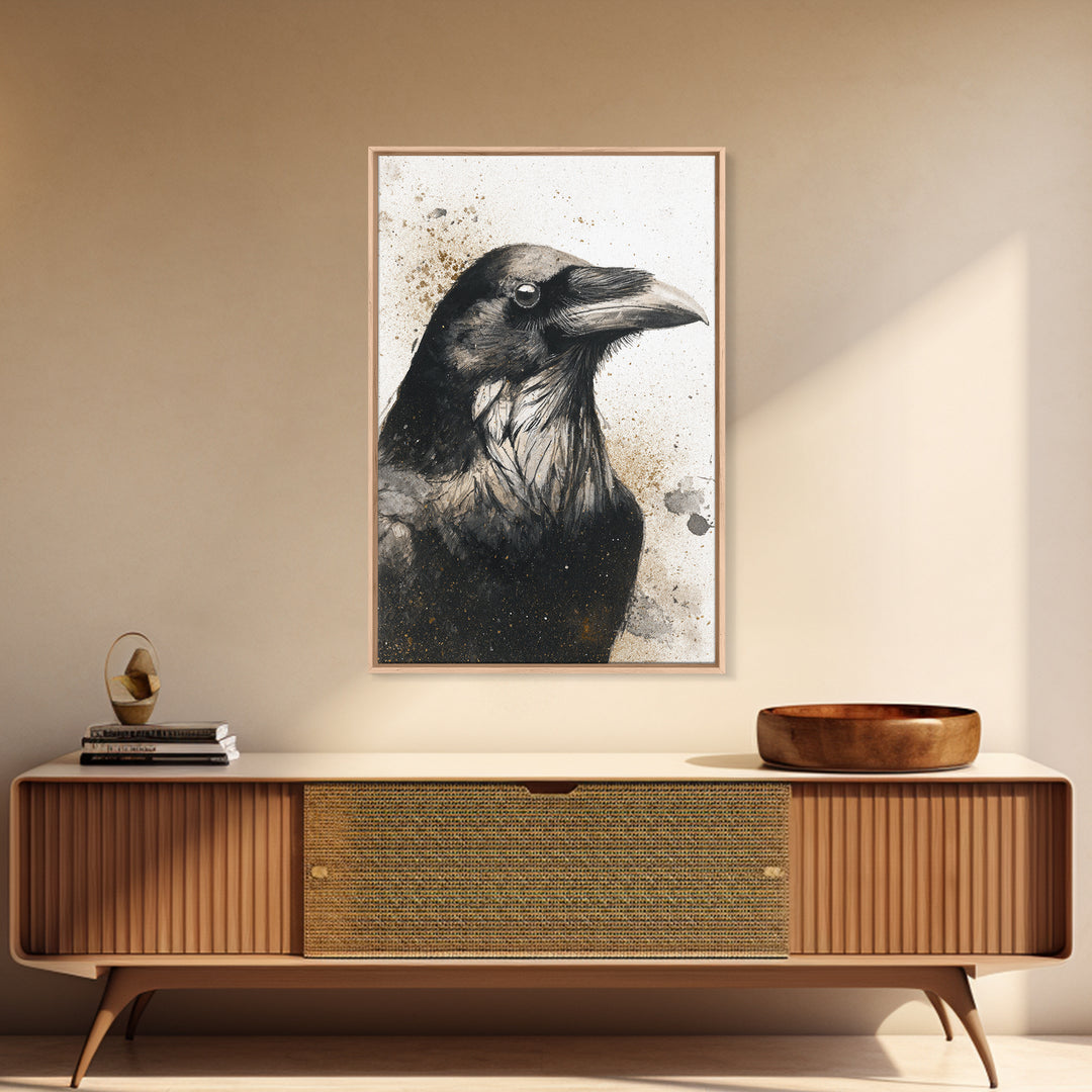 Raven Silhouette with Gothic Atmosphere Framed Canvas Print, Bird Art, Living Room Decor, Watercolor Art, Flight, BIR-2x3-89