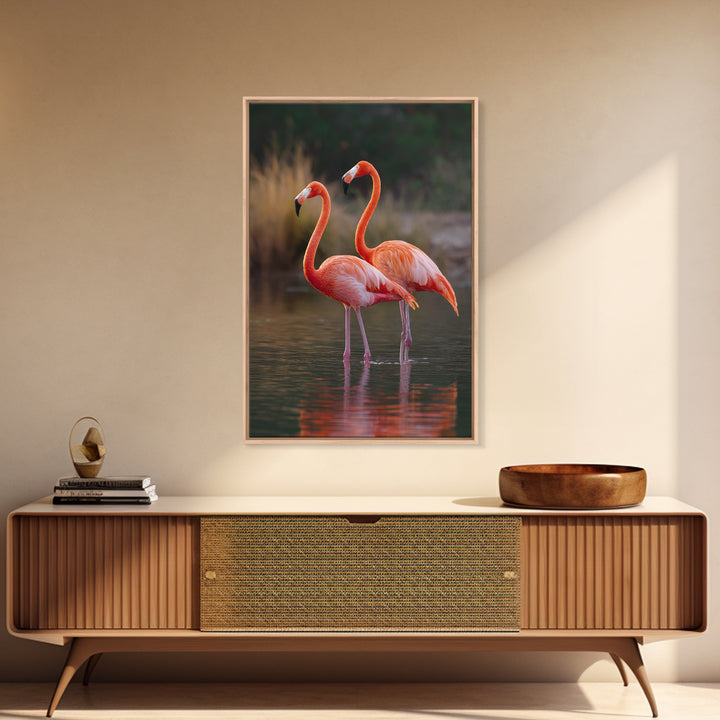 Flamingo Pair in Coral Water Reflections Framed Canvas Print, Bird Art, Original Art, Living Room Decor, Fine Art, Flight, BIR-2x3-90