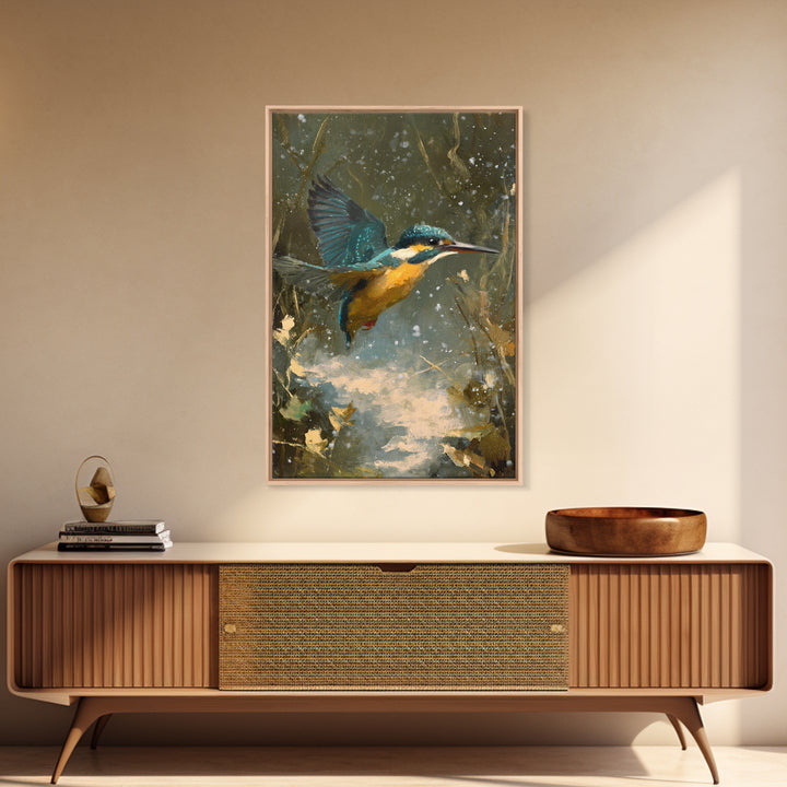 Kingfisher Diving Toward Blue Water Canvas Print, Bird Art, Modern Art, Living Room Decor, Fine Art, Flight, Floral Art, BIR-2x3-91