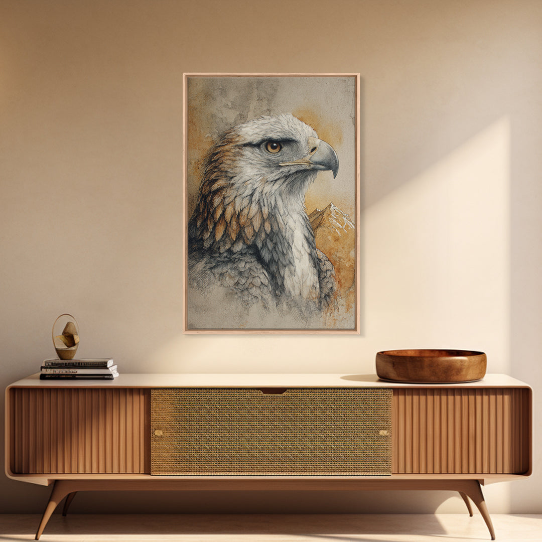 Eagle Portrait with Dramatic Mountain Wind Framed Canvas Print, Bird Art, Gallery Decor, Living Room Decor, Fine Art, Flight, BIR-2x3-92