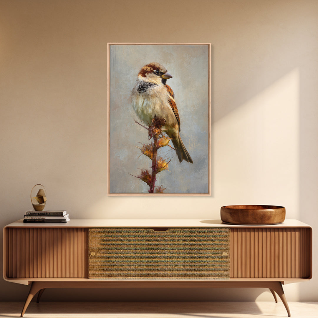 Small Sparrow on Wildflower Stem Framed Canvas Print, Bird Art, Digital Print, Living Room Decor, Watercolor Art, Flight, BIR-2x3-94