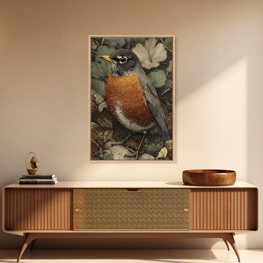 Robin in a Spring Garden with Soft Canvas Print, Bird Art, Botanical Wall Art, Living Room Decor, Watercolor Art, Flight, BIR-2x3-95