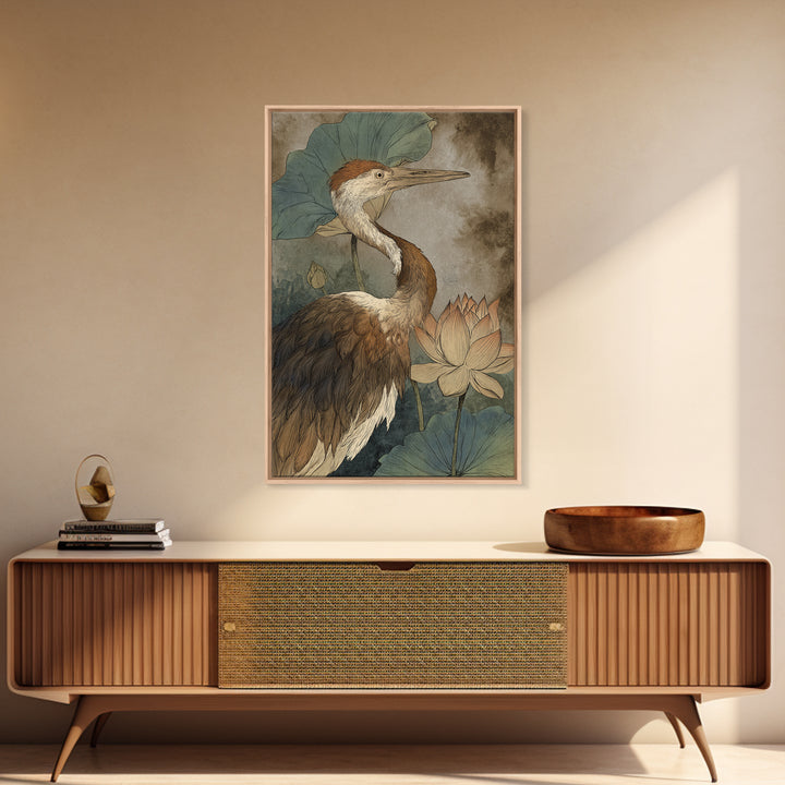Crane and Lotus Composition Framed Canvas Print, Bird Art, Watercolor Painting, Living Room Decor, Flight, Living Room Art, BIR-2x3-97