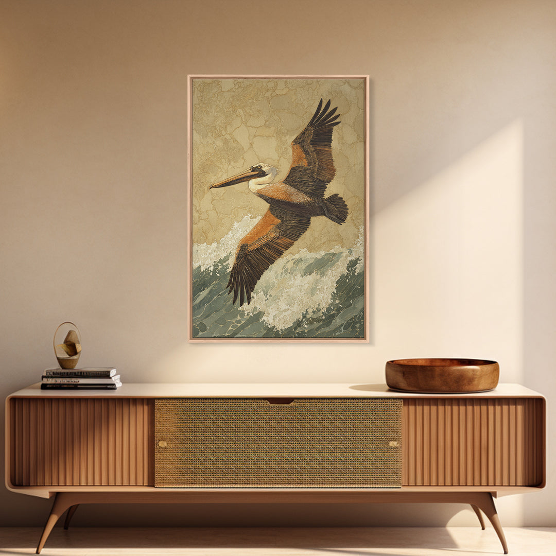 Pelican Flying over Coastal Waves Framed Canvas Print, Bird Art, Digital Prints, Living Room Decor, Watercolor Art, Flight, BIR-2x3-98